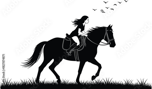 Horse riding silhouette, woman on galloping horse, outdoor equestrian scene, dynamic motion artwork, nature background illustration, black vector design for creative projects