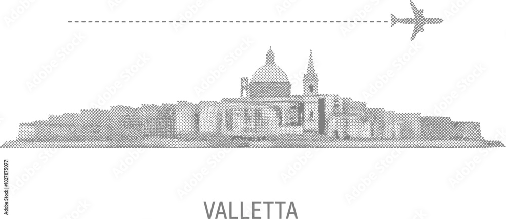 Fototapeta premium Valletta Malta Skyline Travel Halftone Illustration with Airplane Route