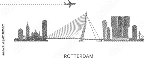 Rotterdam Skyline Erasure Print with Airplane Travel Icon