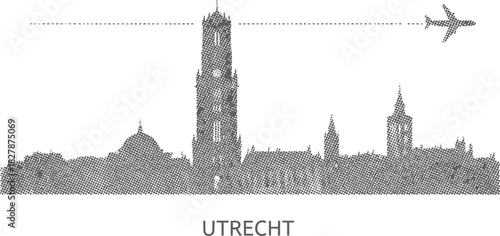 Utrecht Netherlands Halftone Skyline with Airplane