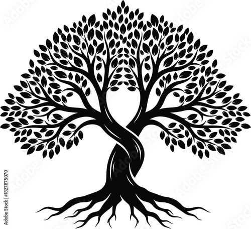 Stylized Black Silhouette of a Twisted Tree of Life with Roots branches