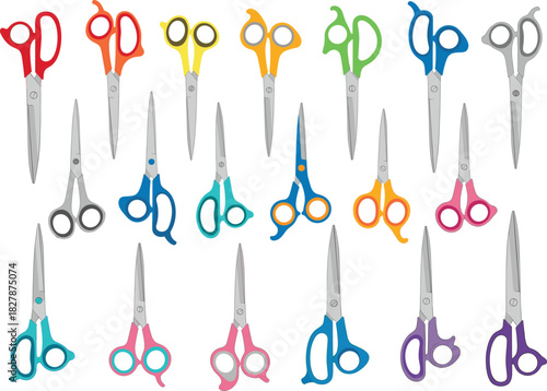 Huge Vector Collection of Colorful Scissors Icons Featuring Craft, Office, Hairdressing, and Ergonomic Design Shears for Professional and School Supplies.