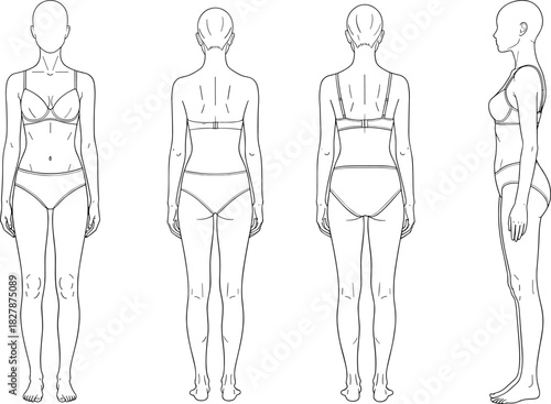 Illustration of fashion technical sketch of a womans swimsuit in four views front, back, and side views of a female figure in a bikini style swimsuit