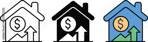  Home symbol with dollar sign or coin overlay represents finance, mortgage, property or real estate investment growth and profit
