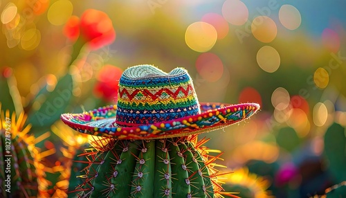 Bright, colourful sombrero resting atop a green cactus against a bokeh filled, warm toned, outdoor backdrop