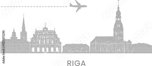 Riga Latvia City Skyline Dotted Silhouette and Airplane