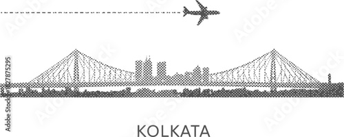Kolkata India Halftone City Skyline and Howrah Bridge Travel Graphic