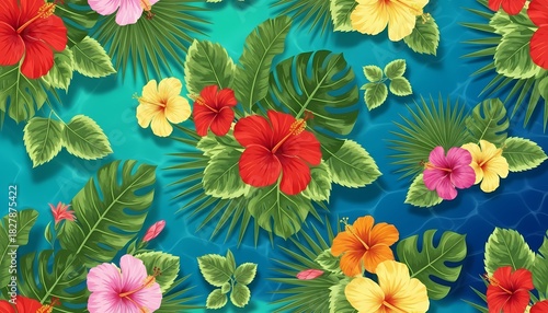 Tropical Hibiscus Flowers and Leaves Over Blue Water Background