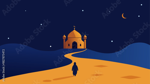 Person walking towards a mosque at night