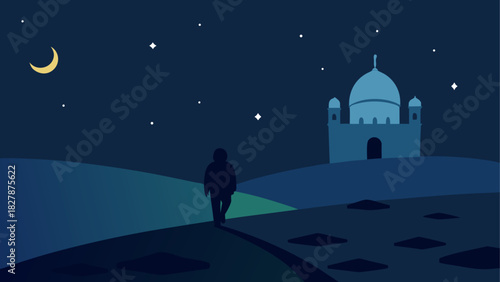 Person walking toward mosque at night