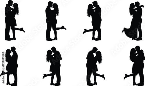 Illustration of silhouette of couples in love set of romantic silhouettes of people hugging and kissing vector illustration of love and romancesilhouette, couple, love, hug, kiss, romance, romantic, p