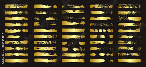 Golden brush strokes, lines, ink smudges, hand-drawn scribble shapes. Handmade sketchy marks, acrylic stains, charcoal streaks. Paint textures, dry brush effect. Marker underline. Vector illustration