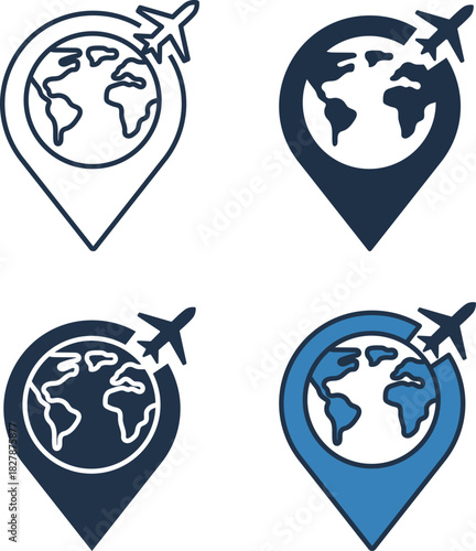 Location pin with an airplane represents travel, tourism, or airline branding