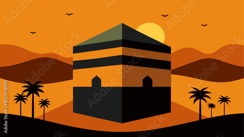 Illustration of the kaaba at sunset time