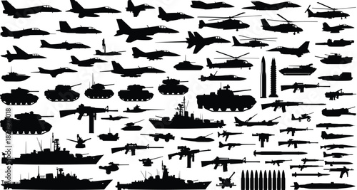 Illustration of silhouette collection of military equipment, including tanks, aircraft, helicopters, ships, and various weapons, creating a powerful and comprehensive arsenal display