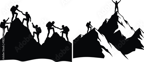 Illustration of silhouette illustration of a team of hikers climbing a mountain, helping each other to reach the summit success concept