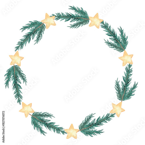 Watercolor festive Christmas wreath with stars