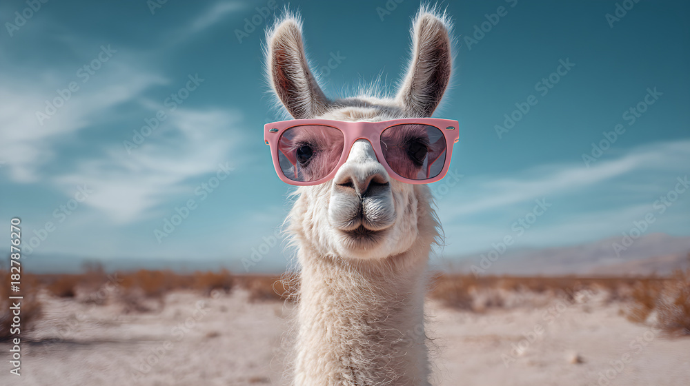 Naklejka premium Llama wearing pink sunglasses in dry desert landscape