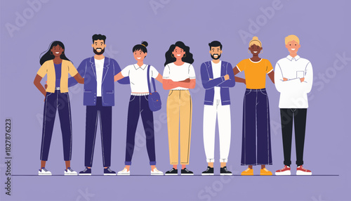Illustration of a diverse group of people standing in a line against a purple background with casual and confident poses.