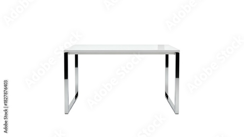 A minimalist desk with a white top and metal legs against a stark black background