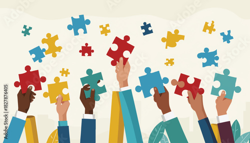 Diverse hands in business attire holding up colorful puzzle pieces against a beige background with a collaborative mood.