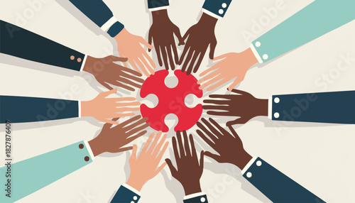 Diverse group of people joining hands in a circle with a red center on a beige background, conveying unity and teamwork.