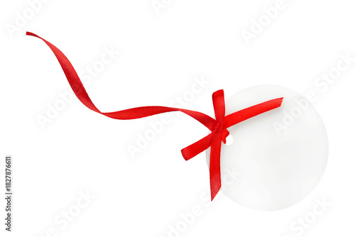 Blank white tag with with red border, red ribbon and red bow hanging isolated on white background with clipping path. Holiday Sale Concept. Design element.