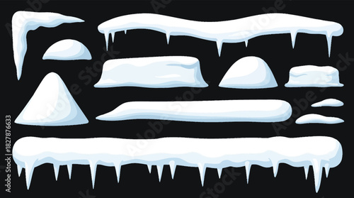 Set of Snow Caps, Snowdrifts and Icicles Vector Illustrations Isolated on Black Background