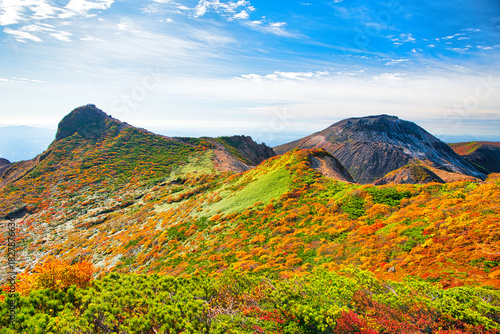 栃木県那須郡那須町　秋の紅葉に染まる茶臼岳と朝日岳の風景