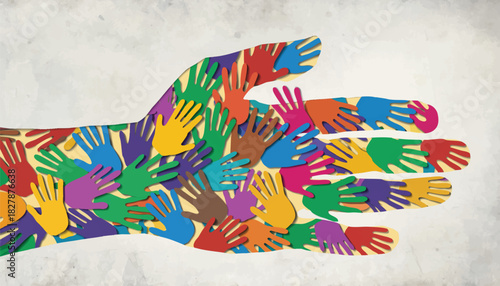 Colorful illustration of multiple hands forming a larger hand shape on a gray background with a diverse and inclusive theme.