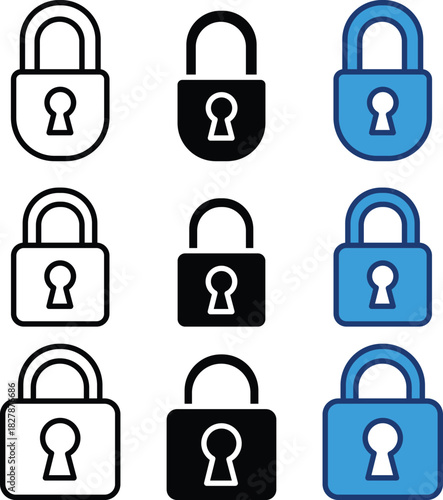 Lock symbols in various styles and colors including outline black and blue versions to represent security and access