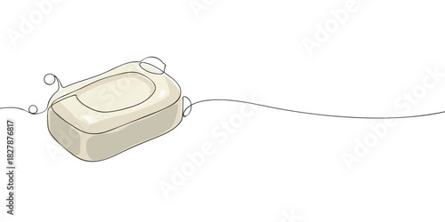 A simple illustration of a bar of soap with curved edges resting on a clean surface, drawn in a smooth minimal line art style.