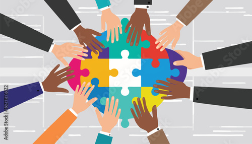 Flat lay of diverse hands placing puzzle pieces on a table with a light gray background, conveying unity and collaboration.