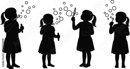 Children Blowing Bubbles Silhouette — Playful Scene Capturing Joy, Imagination, and Whimsy in a Black and White Composition
