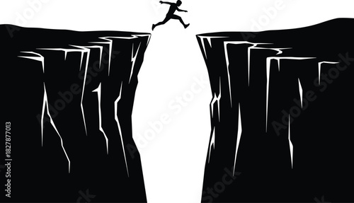 Silhouette of Person Leaping Across Cliff Gap — Symbol of Courage, Risk, Determination, and Overcoming Obstacles in Nature