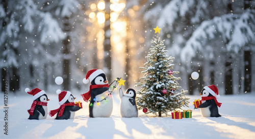 Festive Penguins Decorating a Christmas Tree in a Snowy Winter Wonderland.