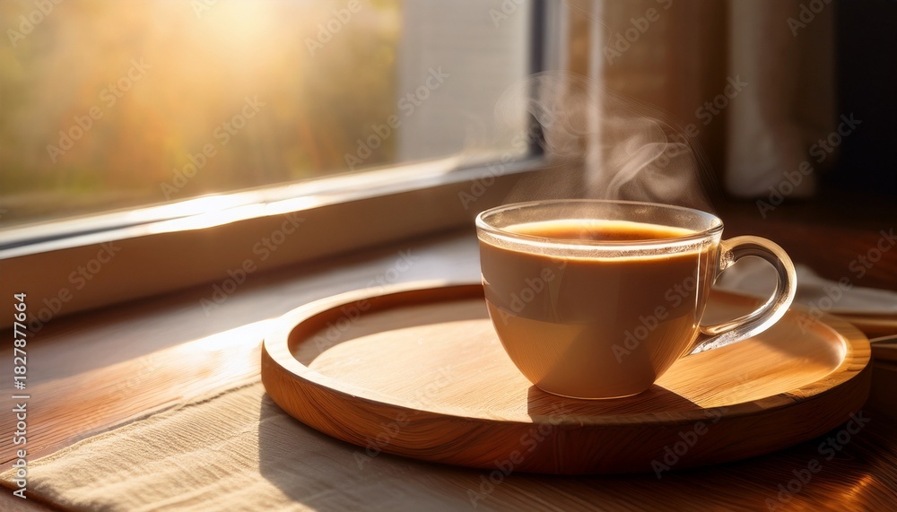 Obraz premium A Steaming Cup Of Coffee On A Wooden Tray By The Window Bathed In Morning Light Symbolizing Comfort Warmth And The Start Of A New Day