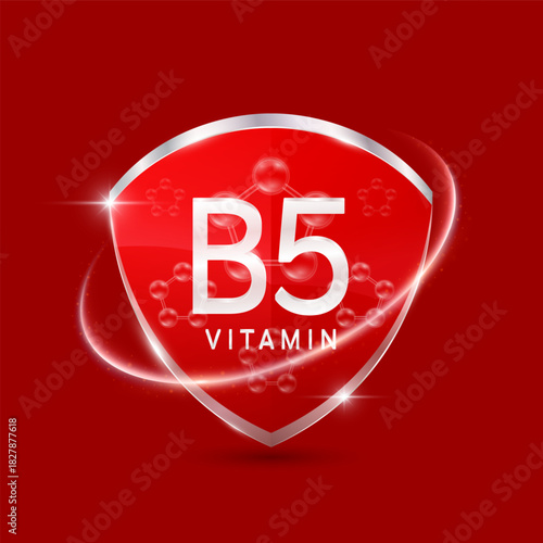 Molecules pantothenic acid vitamin B5 solution in translucent glass shield modern red surrounded by glowing ring. Vitamins immunity. For design cosmetics or supplement products. 3D Vector EPS10.