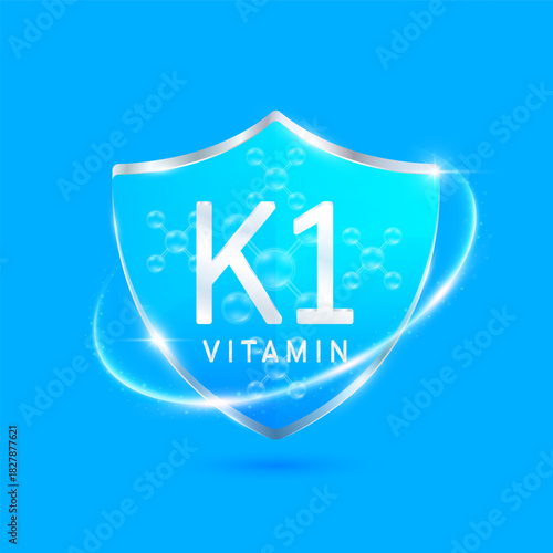 Molecules phylloquinone vitamin K1 solution in translucent glass shield modern blue surrounded by glowing ring. Vitamins immunity. For design cosmetics or supplement products. 3D Vector EPS10.