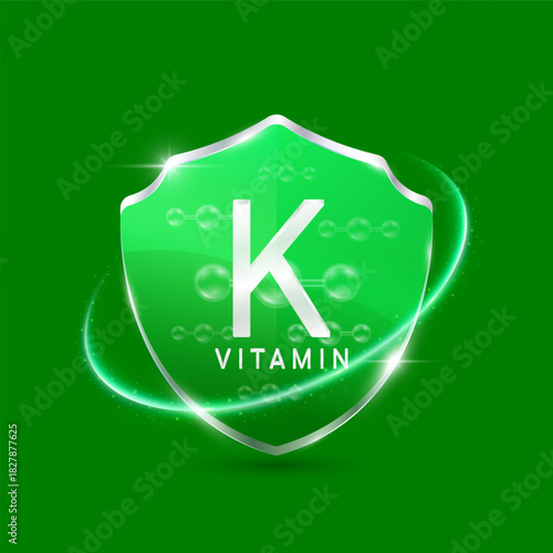 Molecules phytonadione vitamin K solution in translucent glass shield modern green surrounded by glowing ring. Vitamins immunity. For design cosmetics or supplement products. 3D Vector EPS10.