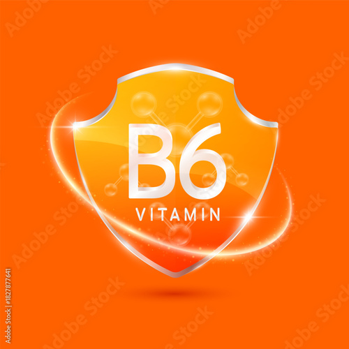 Molecules pyridoxine vitamin B6 solution in translucent glass shield modern orange surrounded by glowing ring. Vitamins immunity. For design cosmetics or supplement products. 3D Vector EPS10.