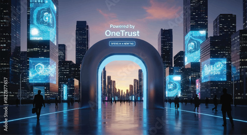 OneTrust archway entrance to a futuristic city skyline at dusk.