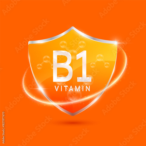 Molecules thiamine vitamin B1 solution in translucent glass shield modern orange surrounded by glowing ring. Vitamins immunity. For design cosmetics or supplement products. 3D Vector EPS10.