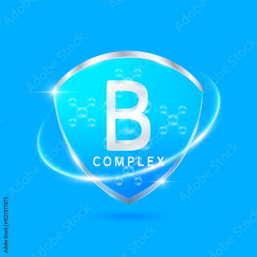 Molecules vitamin B complex solution in translucent glass shield modern blue surrounded by glowing ring. Vitamins immunity. For design cosmetics or supplement products. 3D Vector EPS10.
