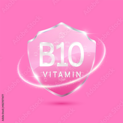 Molecules vitamin B10 solution in translucent glass shield modern pink surrounded by glowing ring. Vitamins immunity. For design cosmetics or supplement products. 3D Vector EPS10.