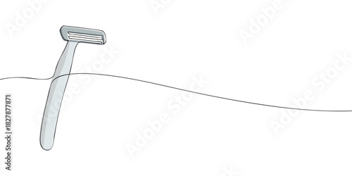 Minimal vector illustration of a razor on a white background with a long curved line, suitable for shaving, grooming, or personal care design themes.