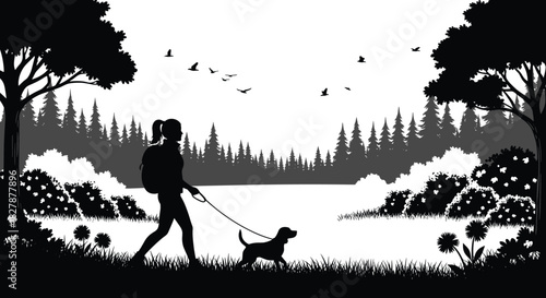 Silhouette, person walking dog, forest trail, nature scene, peaceful outdoors, backpack, birds flying, trees, leash, grassy terrain, tranquil moment