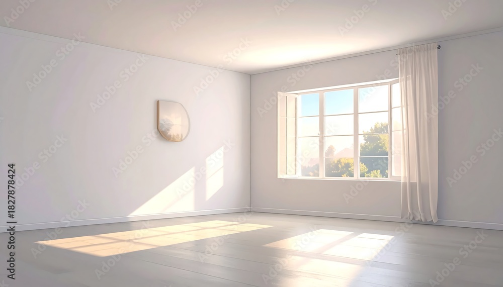Obraz premium Bright, empty room with sunlight streaming through a large window