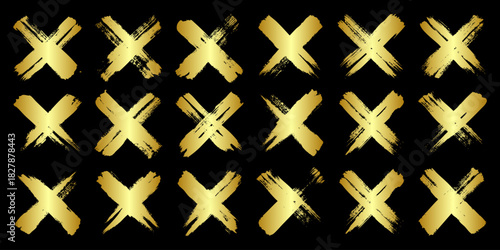 Golden grunge crosses, brush strokes, lines, ink smudges, hand-drawn scribble shapes. Handmade sketchy marks, acrylic stains, charcoal streaks. Paint textures, dry brush effect. Vector illustration