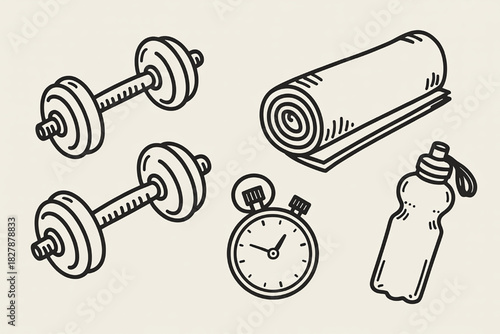 Hand-drawn fitness equipment including dumbbells a yoga mat a stopwatch and a water bottle vector illustration for gym and workout concepts